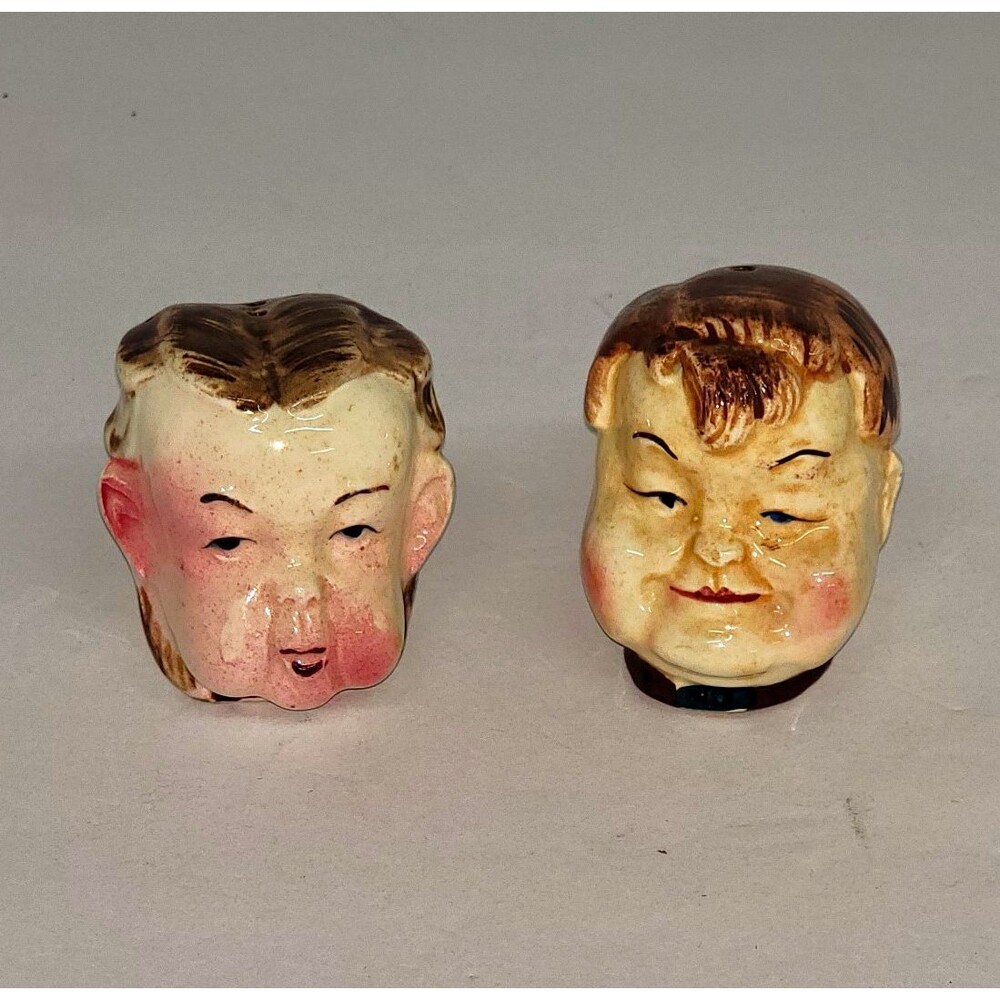 Vtg Mid Century Ceramic Chubby Face Salt and Pepper Shakers Japan Toby Pair